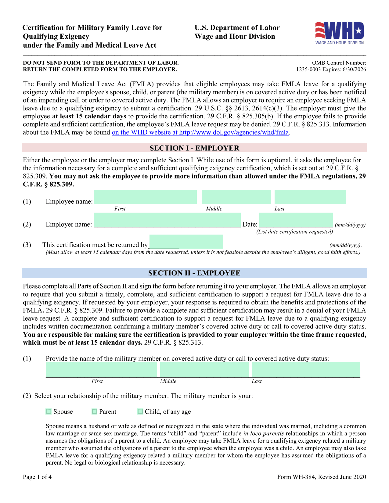 Military Family Leave Qualifying Exigency Certification (WH 384) screenshot