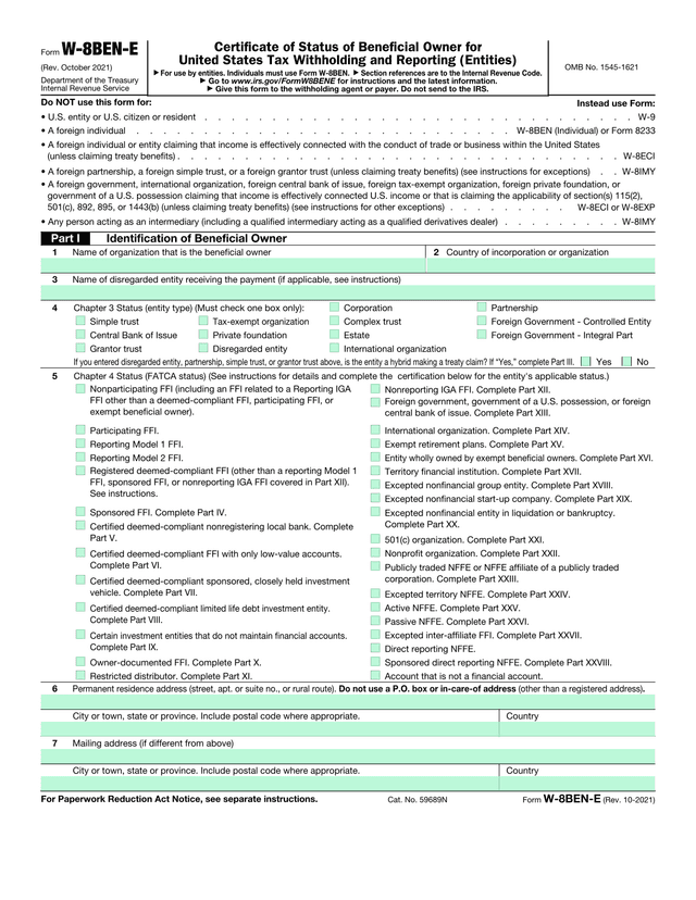 Certificate Of Status Of Beneficial Owner For U.S. Tax Withholding (W 8BEN E) screenshot