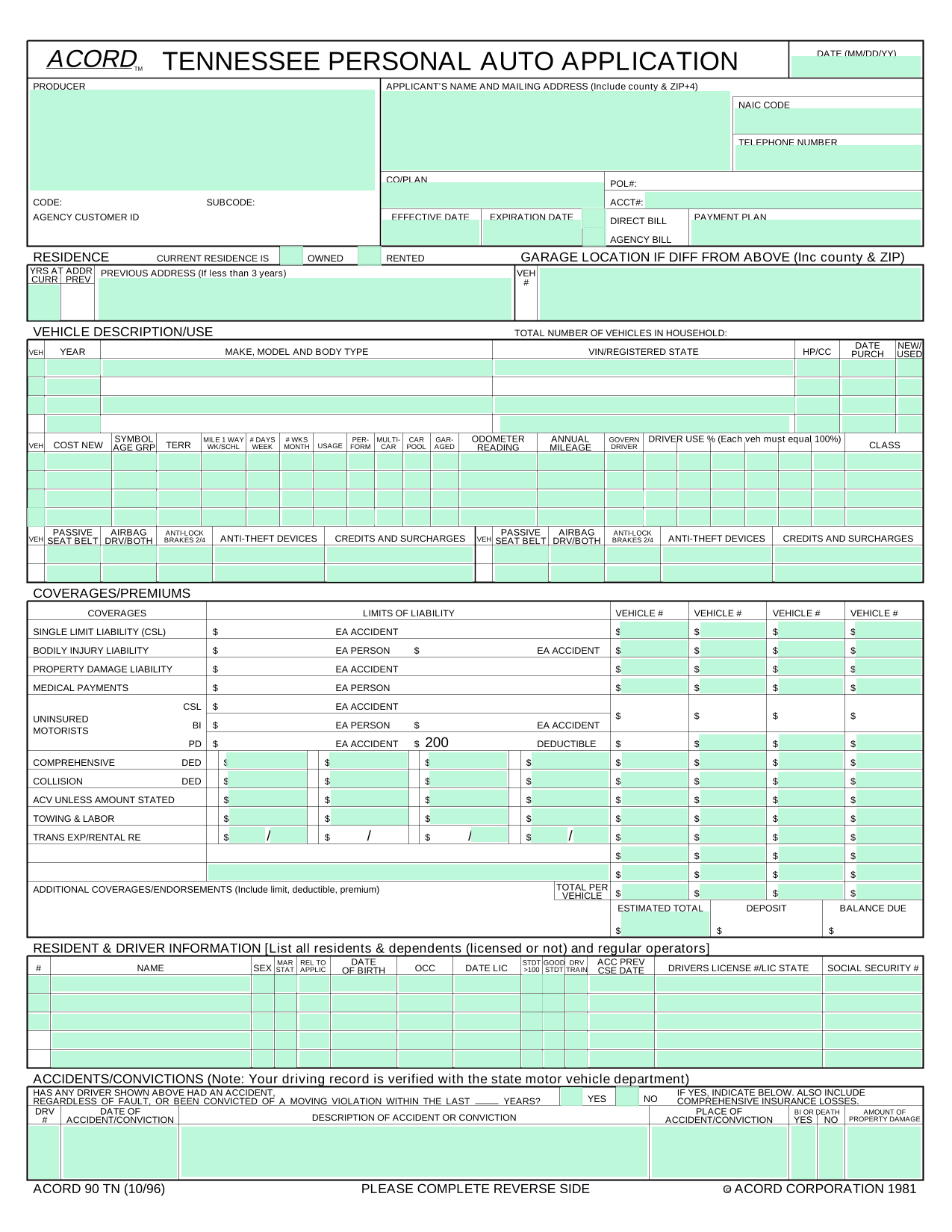 Tennessee Personal Auto Application (ACORD 90 TN) screenshot
