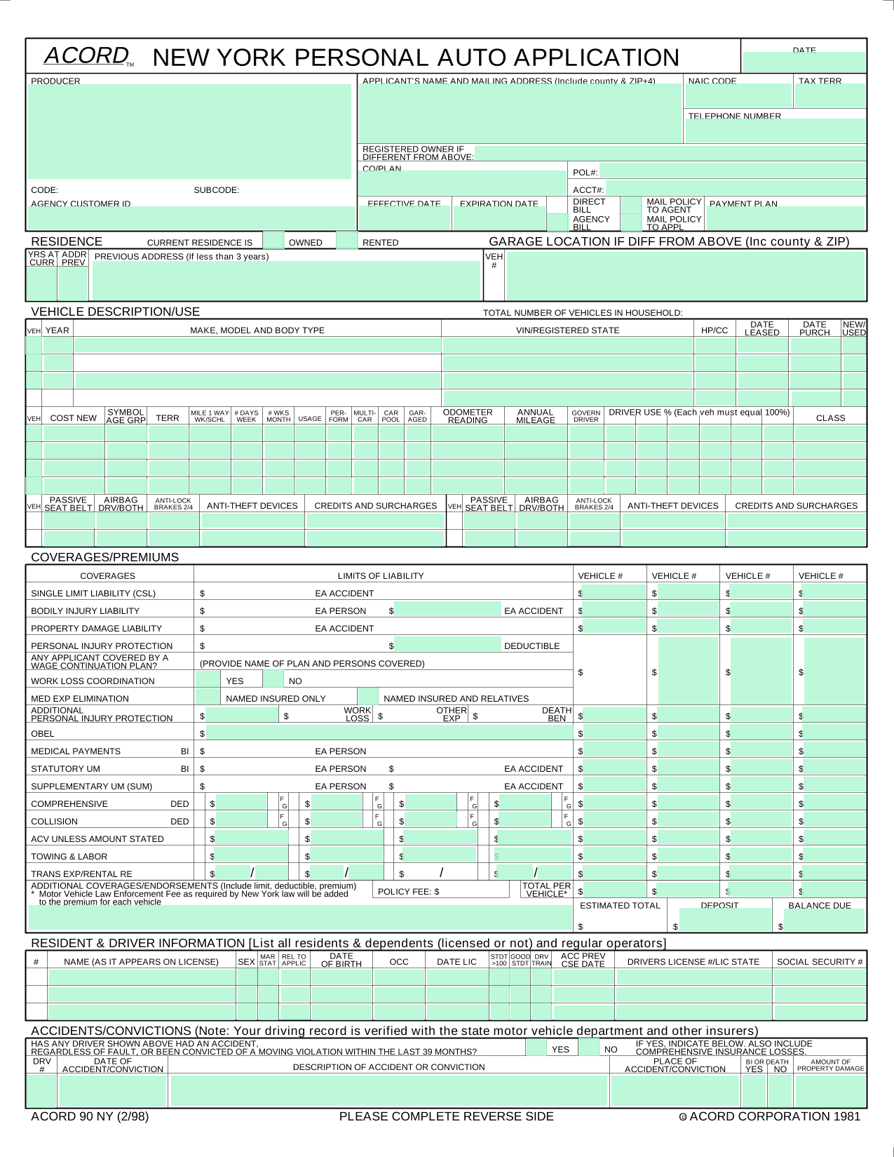 New York Personal Auto Insurance Application (ACORD 90 NY) screenshot