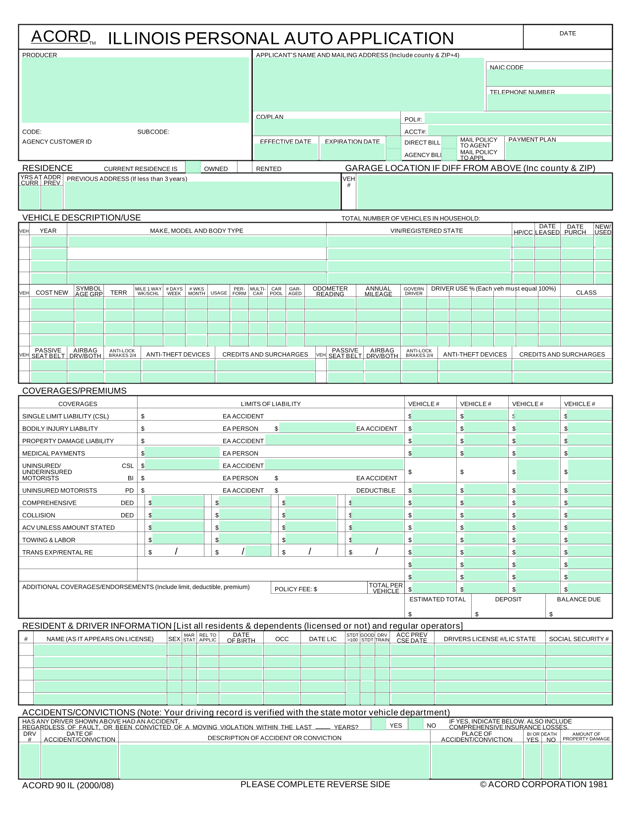 Auto Insurance Application (Vehicle Registration Form) screenshot